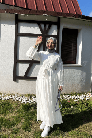 Carmen Fashion beyaz simli keten elbise